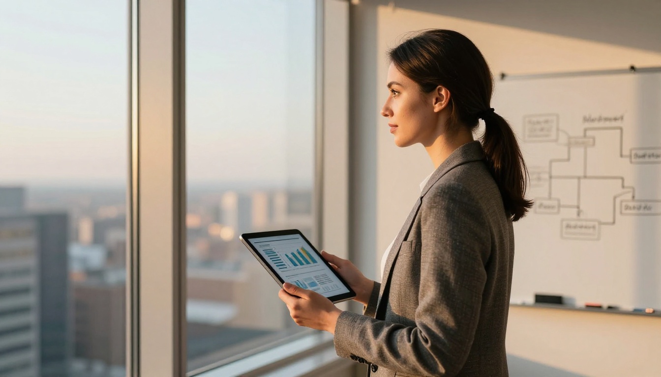 Confident businesswoman standing at office tower window holding tablet with analytics charts