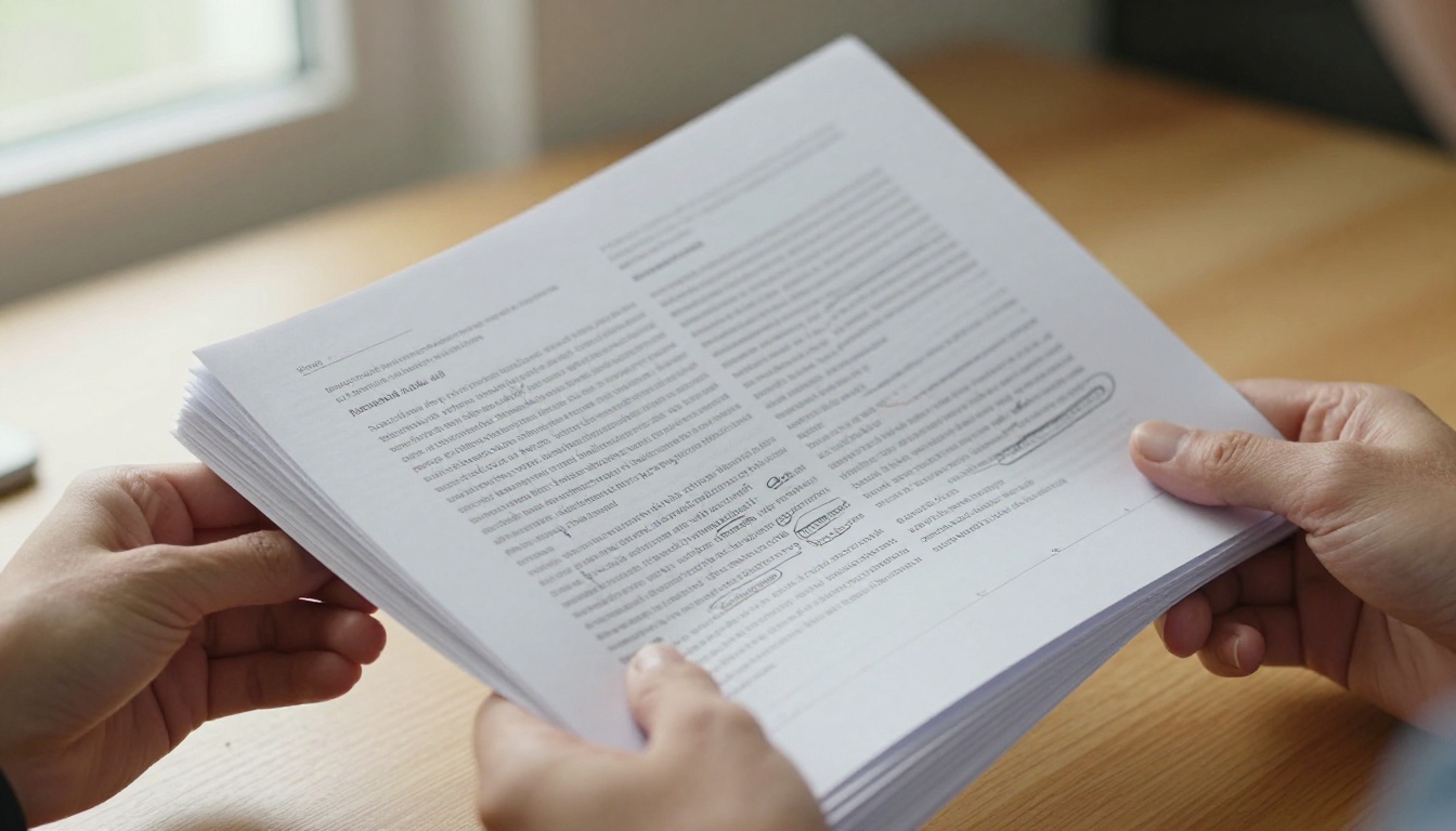 Researcher holding a dense stack of annotated printed papers in natural window light Researcher holding a dense stack of annotated printed papers in natural window light
