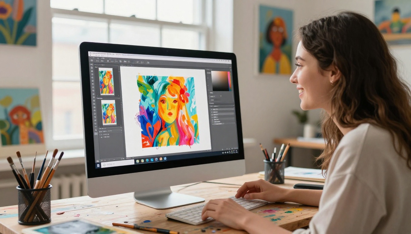 Young woman smiling at creative AI image generation interface in a bright art studio
