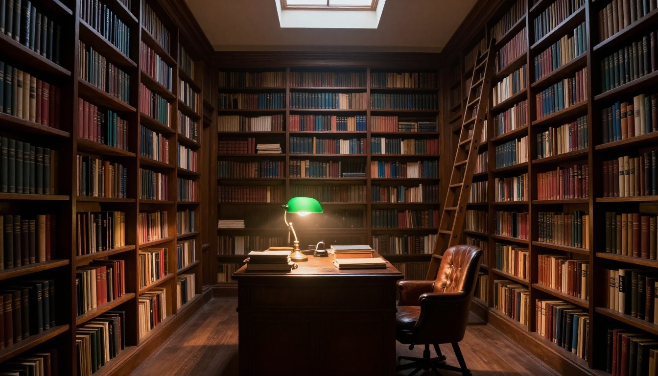 A dimly lit private library with floor-to-ceiling bookshelves and a green banker's lamp A dimly lit private library with floor-to-ceiling bookshelves and a green banker's lamp