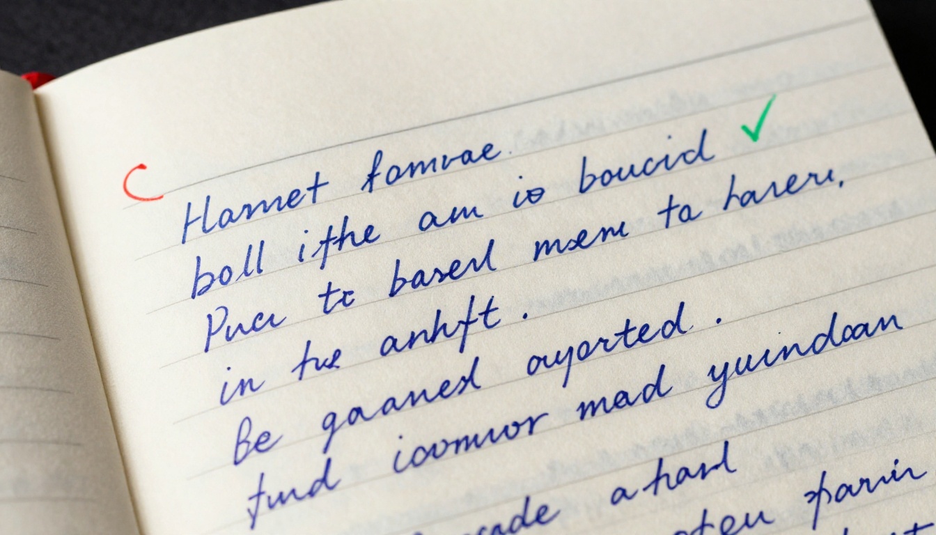 Macro close-up of notebook with two columns of handwritten prompts in side-lighting Macro close-up of notebook with two columns of handwritten prompts in side-lighting