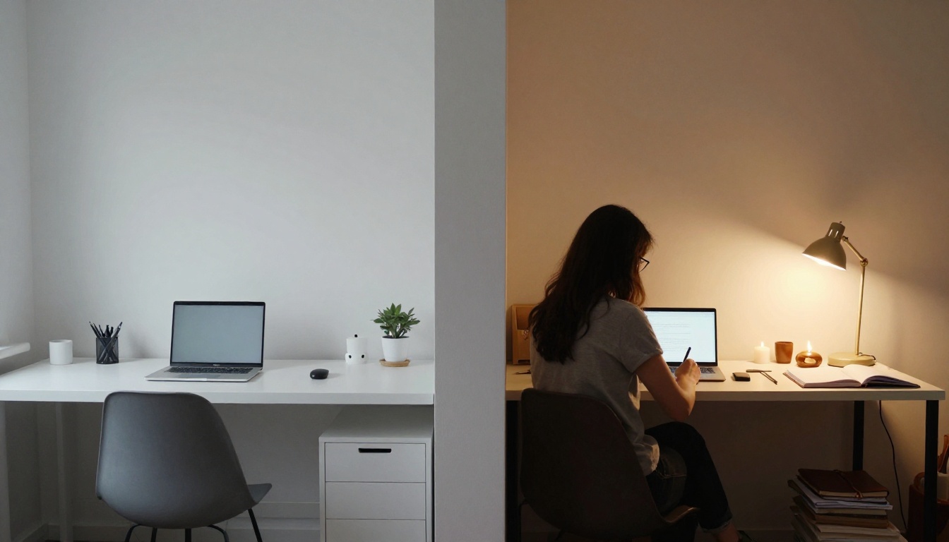 A split composition showing two contrasting writing environments, modern minimal vs warm traditional A split composition showing two contrasting writing environments, modern minimal vs warm traditional