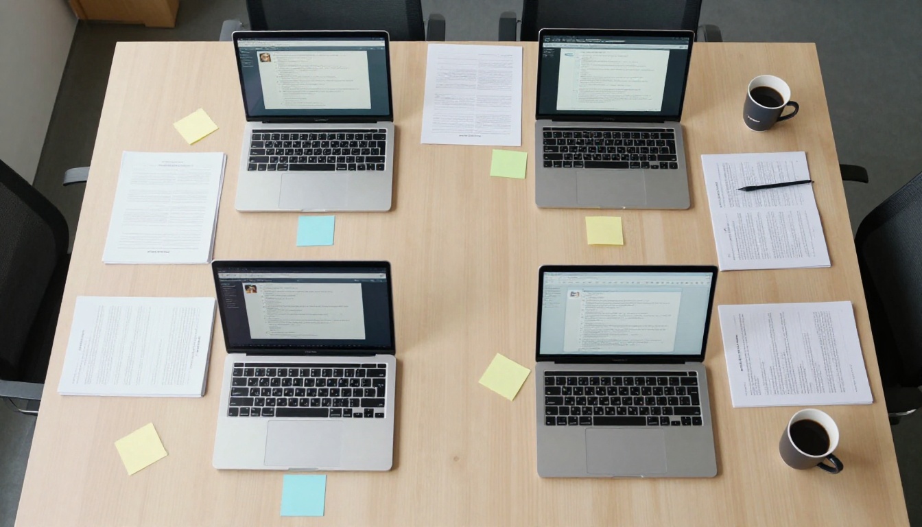 Four open laptops on conference table displaying different AI chat interfaces from above Four open laptops on conference table displaying different AI chat interfaces from above