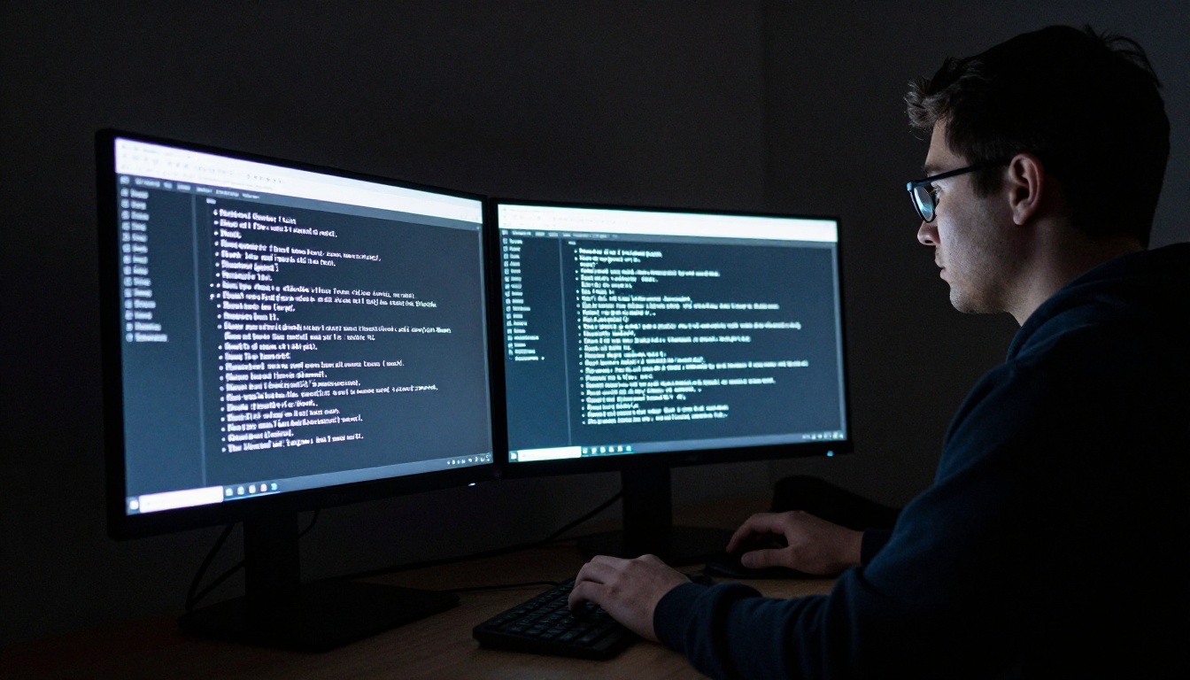Developer working at standing desk illuminated only by terminal monitors at night Developer working at standing desk illuminated only by terminal monitors at night