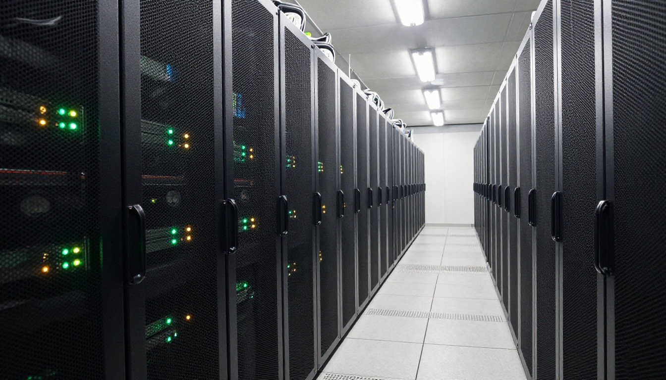 Long perspective shot down a data center server aisle with blinking indicator lights