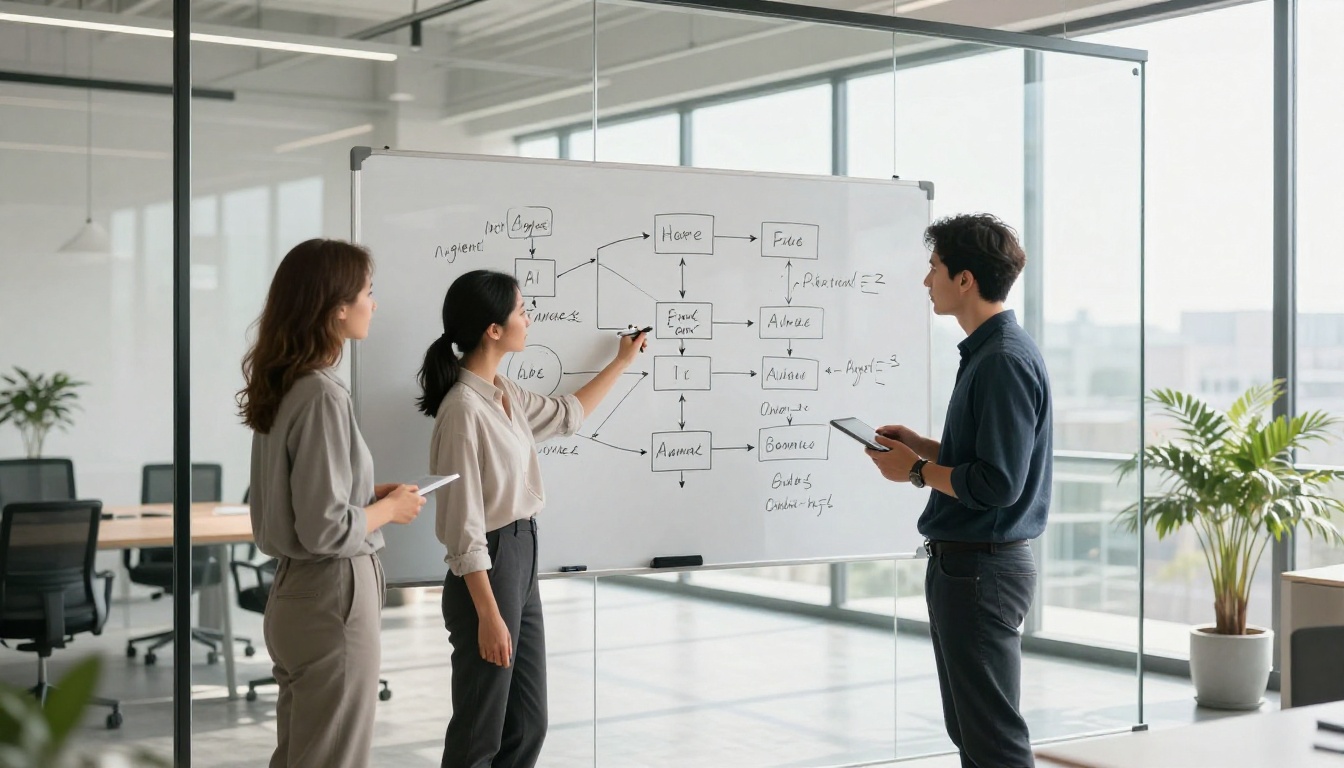 Two professionals in a glass-walled conference room discussing AI agent architecture on a whiteboard