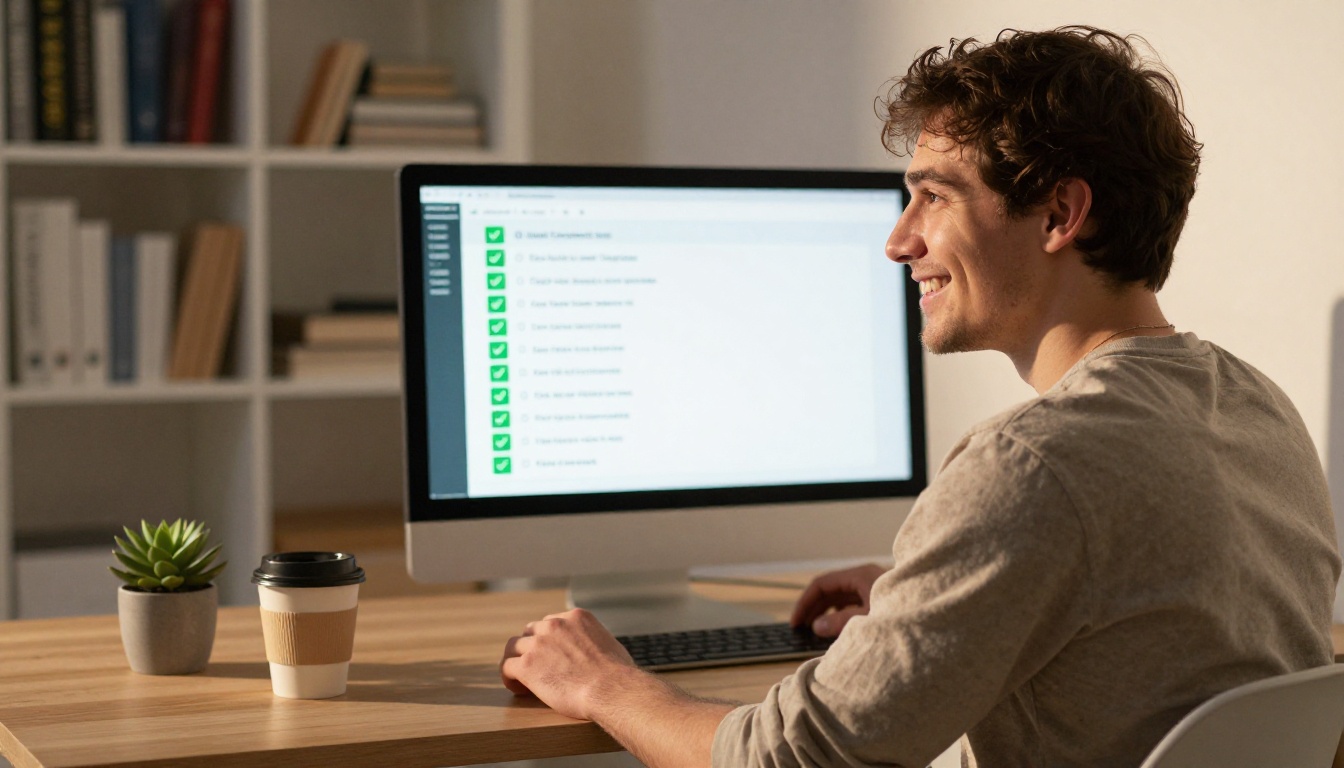 A developer with a satisfied expression reviewing successful AI agent output on a monitor