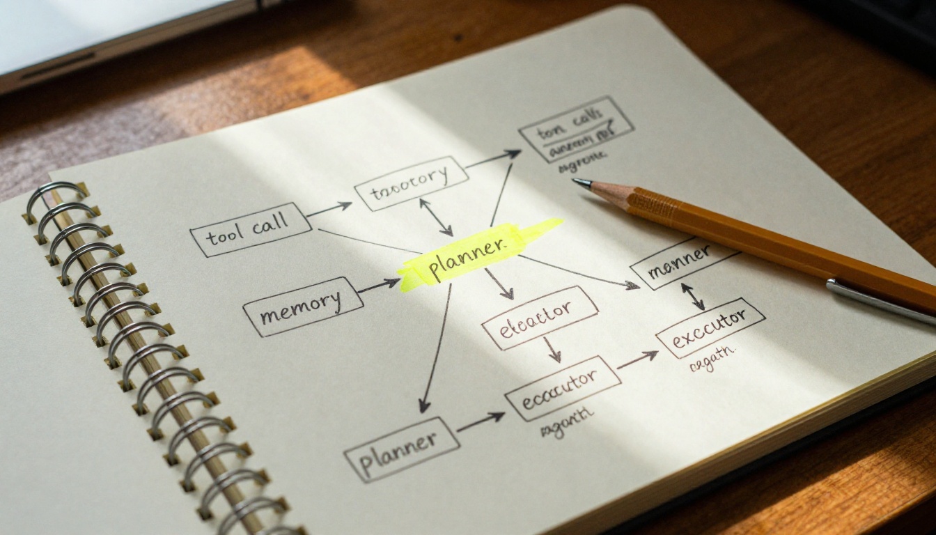 An open notebook with hand-drawn AI agent architecture diagrams and flow charts