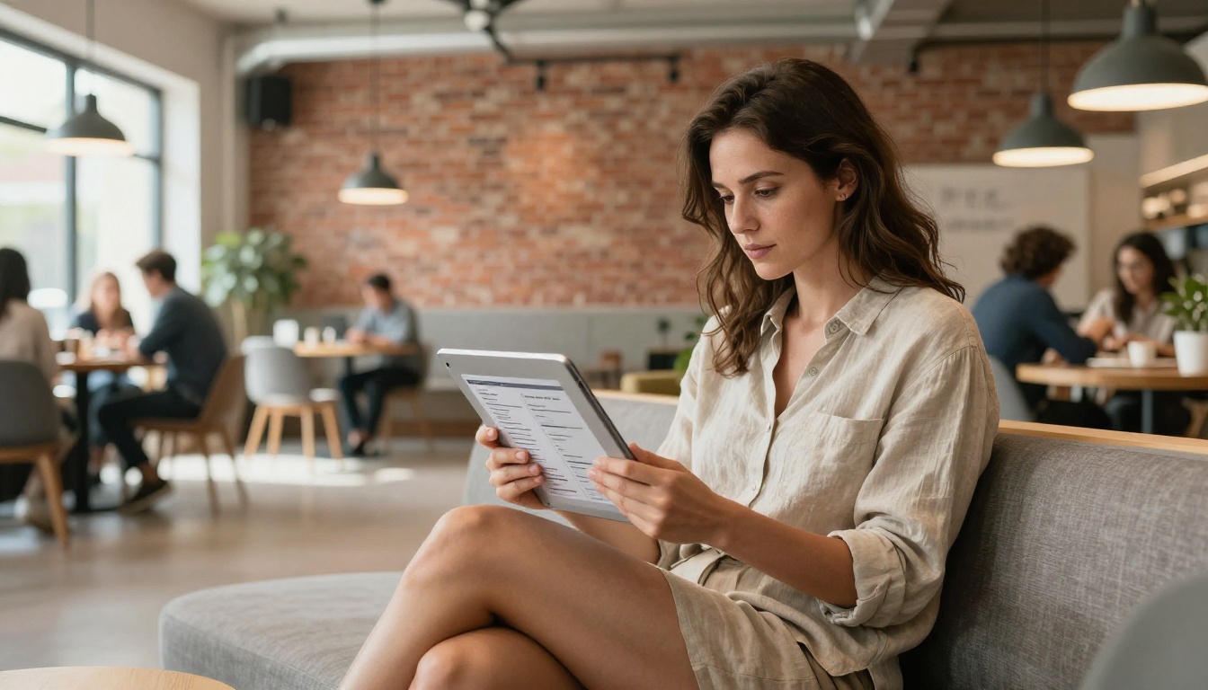 A woman reviewing AI agent test results on a tablet in a modern co-working space