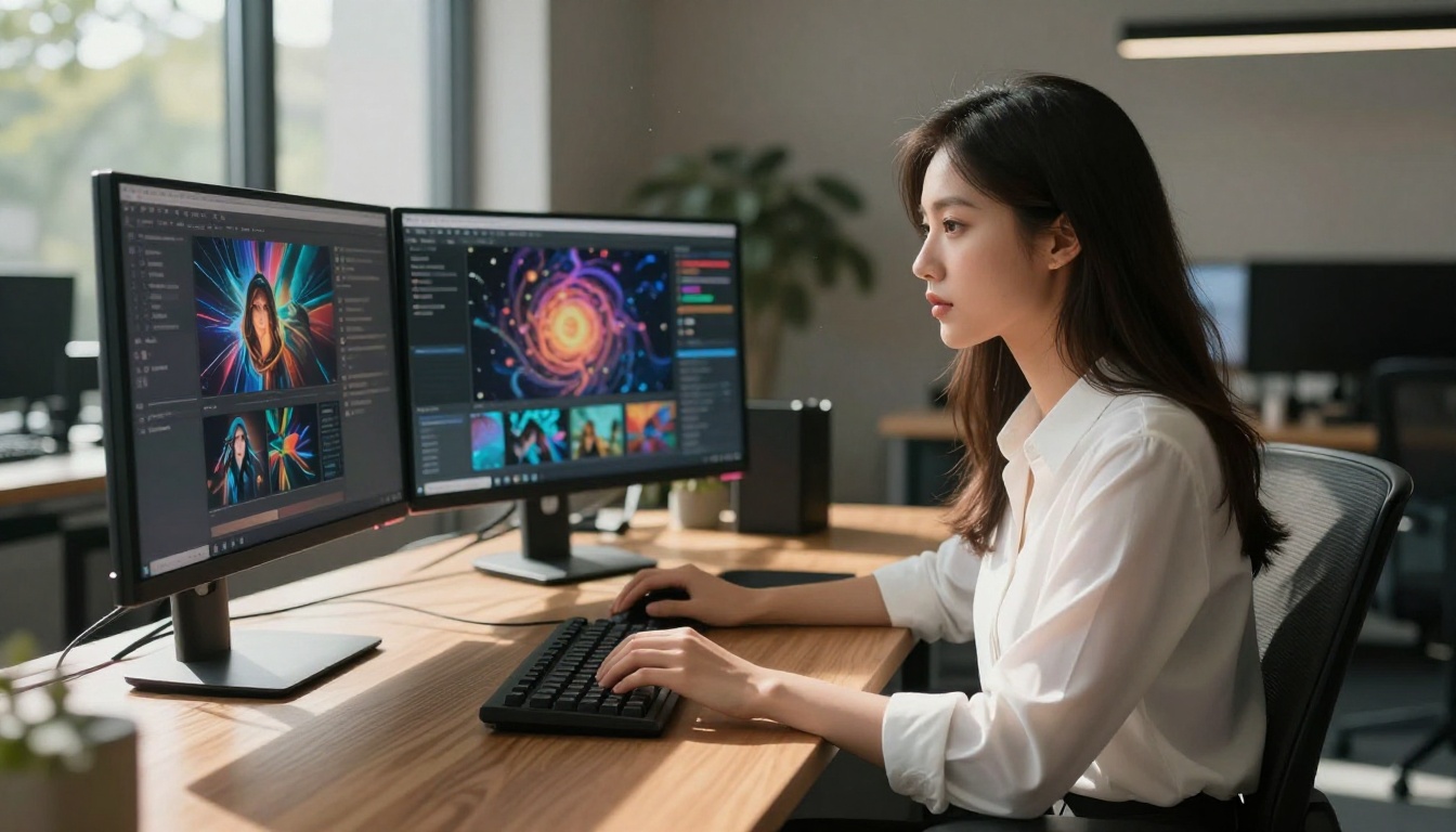 Young woman seated at dual-monitor setup with AI-generated image gallery on screen in warm sunlit workspace
