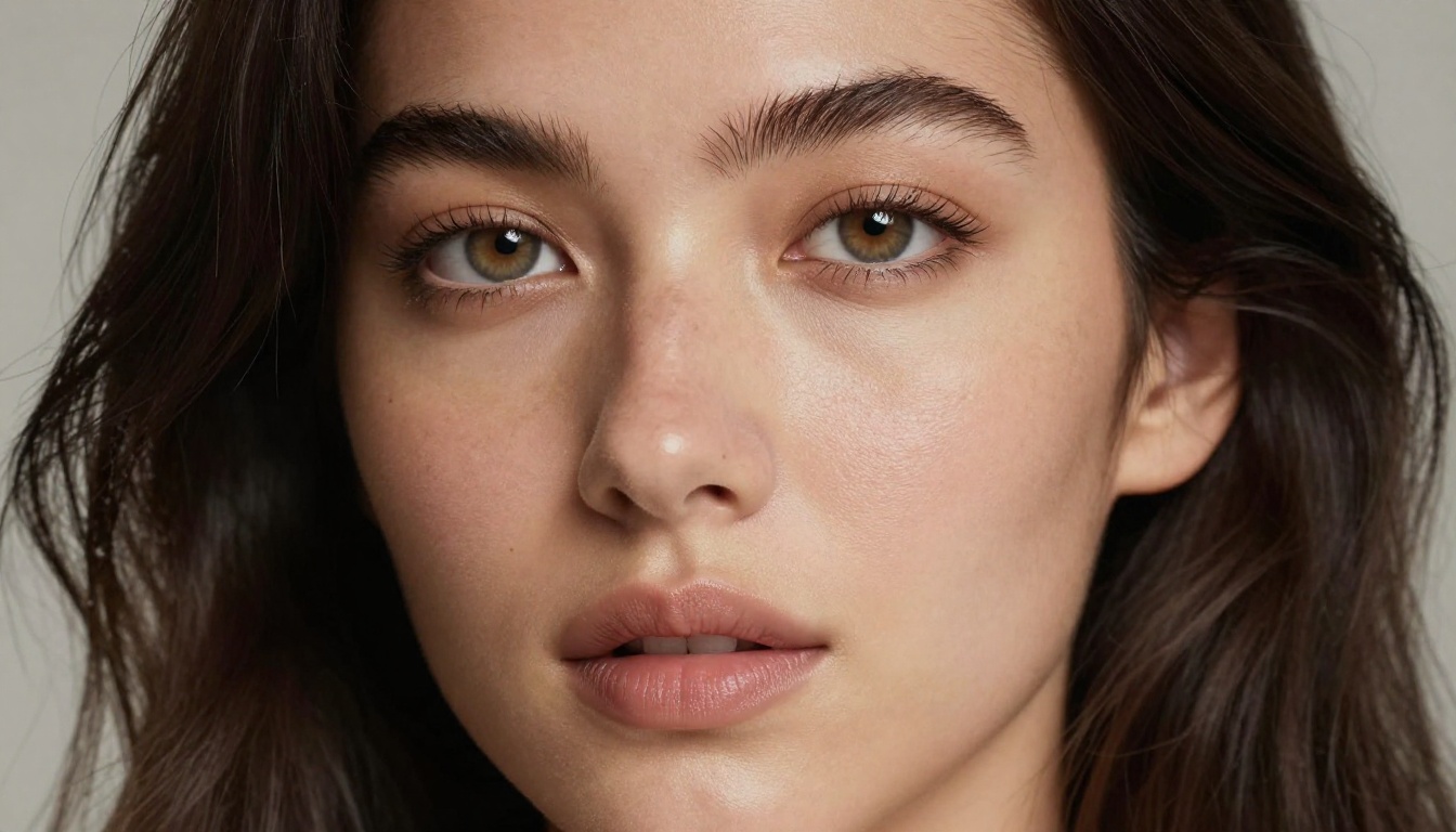 Close-up beauty portrait with dark wavy hair, hazel eyes, and soft Rembrandt studio lighting revealing natural skin texture detail