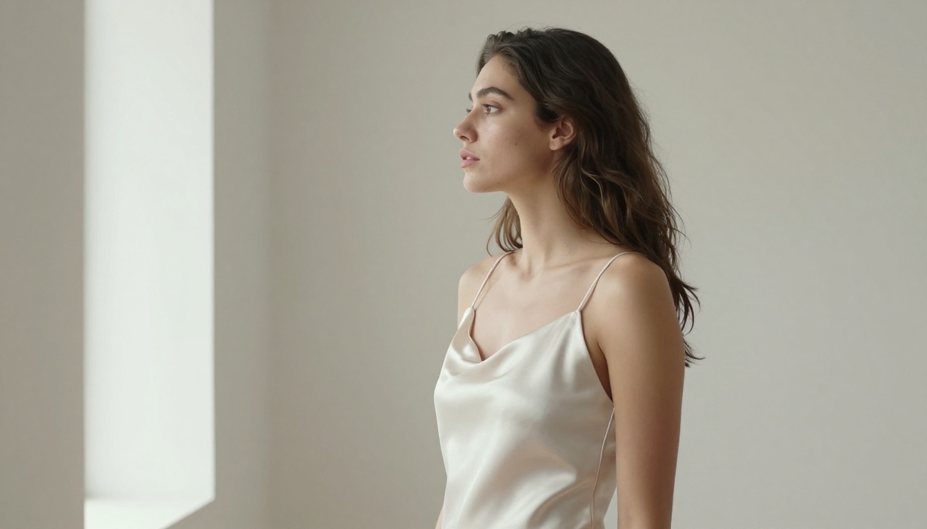 Side profile of elegant model in fitted satin dress against off-white studio backdrop with soft natural window light and authentic shadow detail