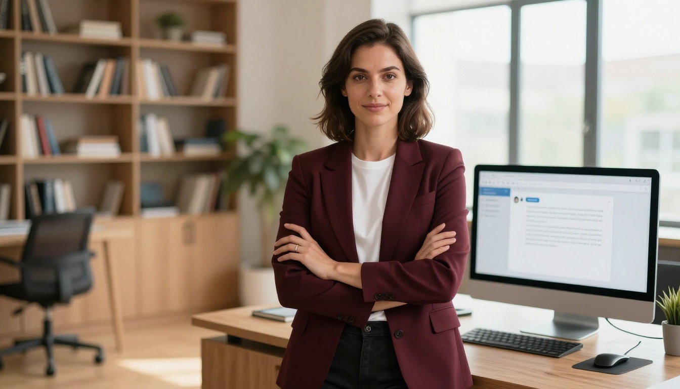 Confident woman standing in front of a large monitor displaying an AI chat interface in a warm home office with natural light