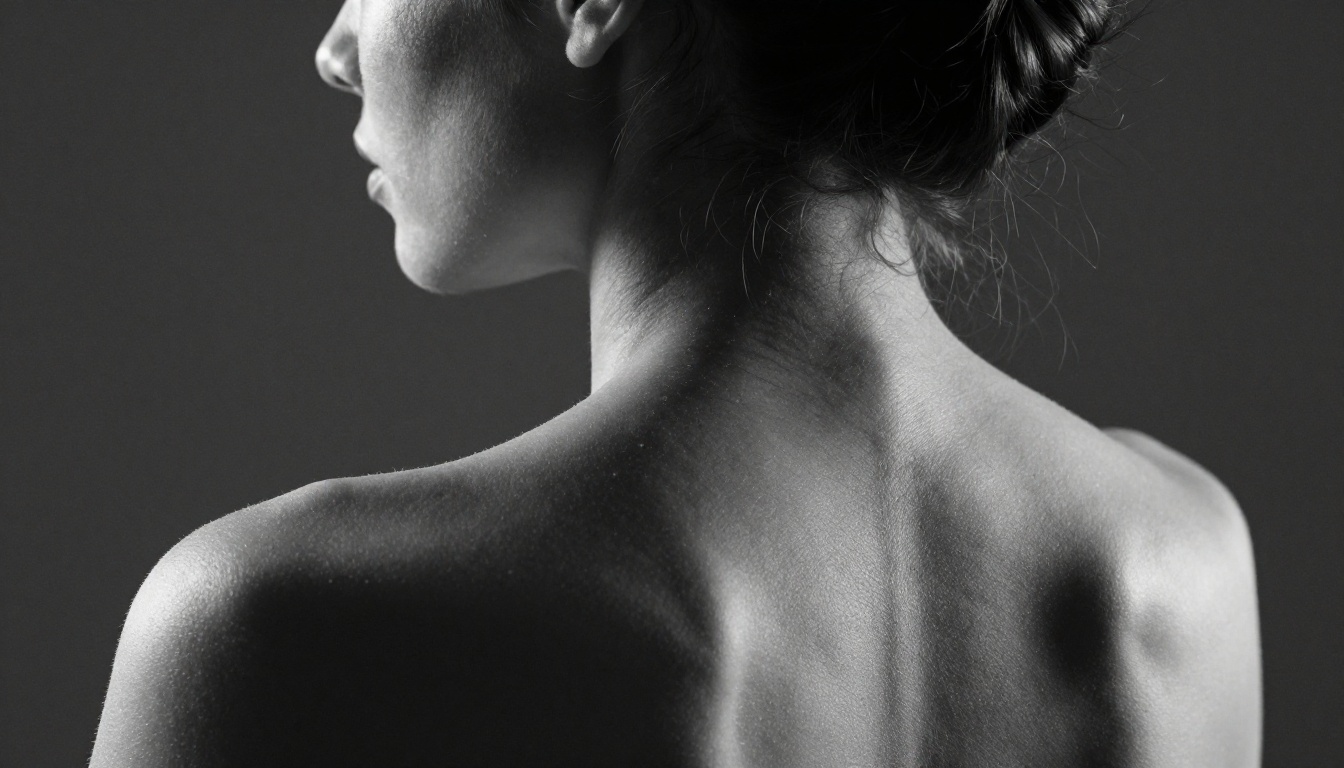Artistic fine art black and white photograph of a woman's bare back with dramatic chiaroscuro window light against dark studio background