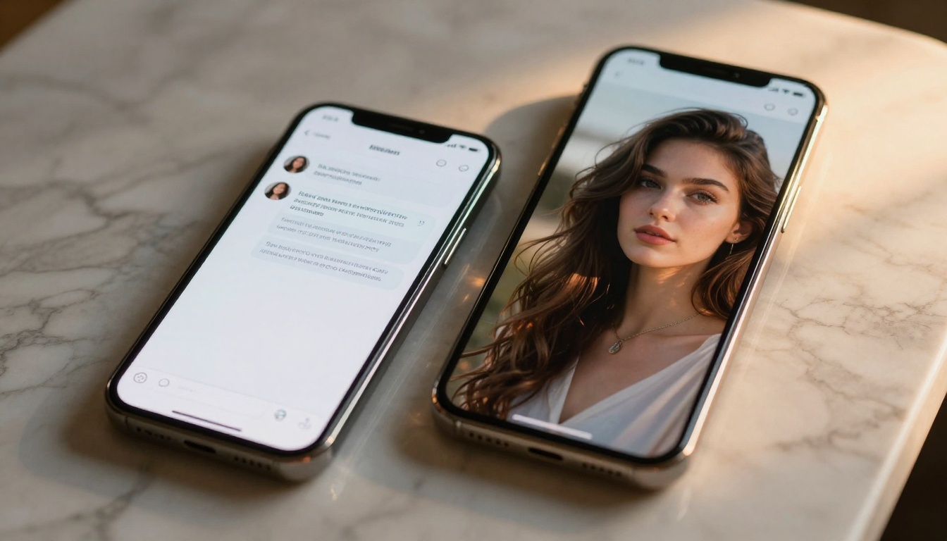 Two smartphones on a marble surface side by side, one displaying a GPT NSFW refusal notice, the other showing a beautiful photorealistic AI-generated portrait