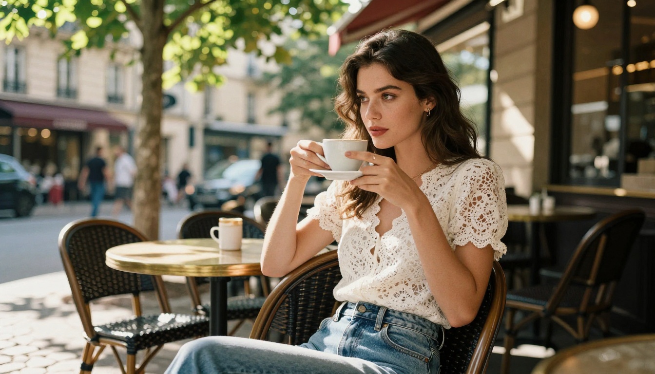 Beautiful woman relaxing at a Paris outdoor cafe with warm dappled natural light filtering through leaves above