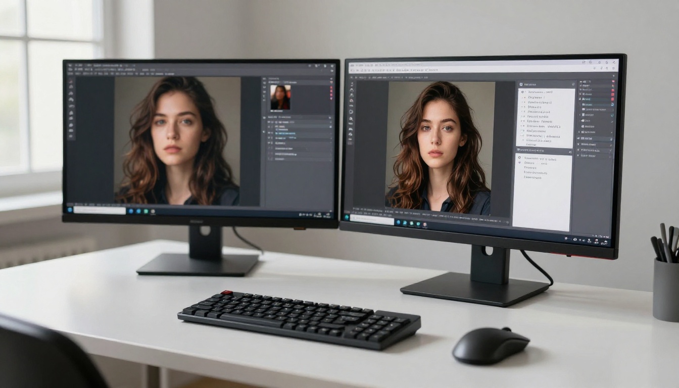 Dual monitor workflow for comparing AI image generation outputs