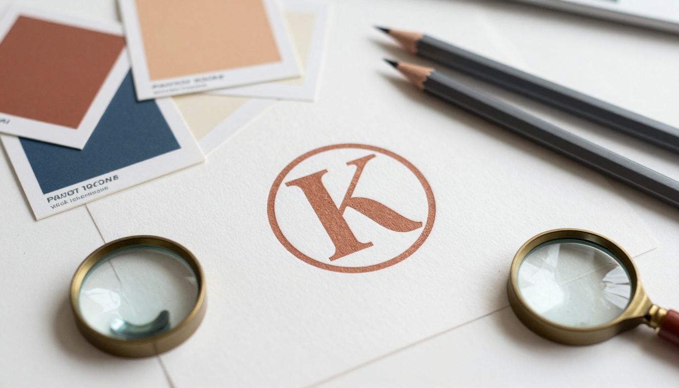 Flat lay of brand identity design materials including Pantone swatch chips, a logo printed on cotton paper, and graphite sketches on a white studio table Flat lay of brand identity design materials including Pantone swatch chips, a logo printed on cotton paper, and graphite sketches on a white studio table