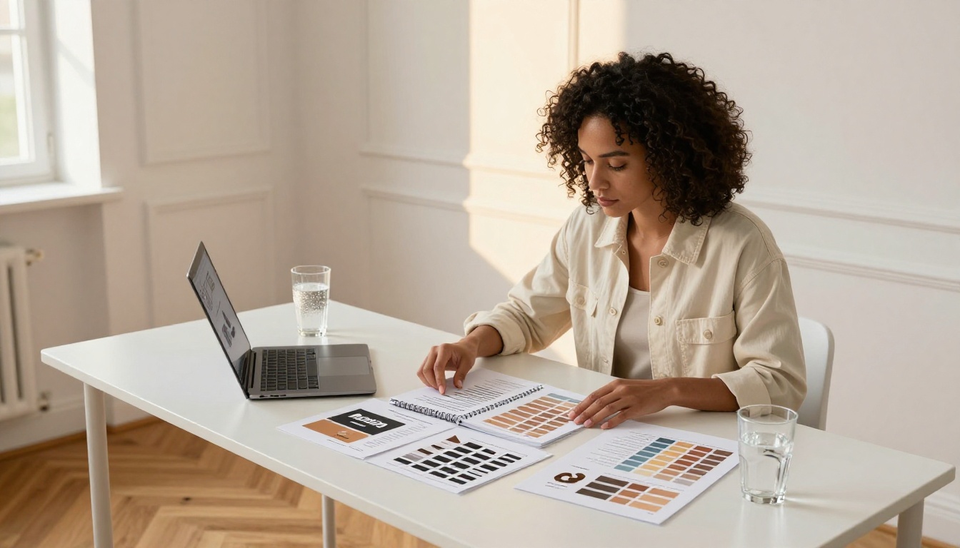 A designer reviewing printed brand guidelines spread open on a clean white desk with a brand color palette and spiral-bound brand book A designer reviewing printed brand guidelines spread open on a clean white desk with a brand color palette and spiral-bound brand book
