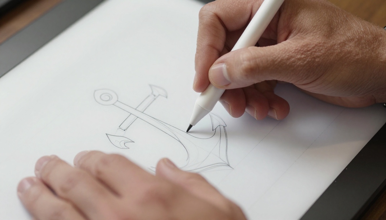 Extreme close-up of a designer's hands using a fine stylus on a professional drawing tablet with a vector logo wireframe showing anchor points and bezier curves Extreme close-up of a designer's hands using a fine stylus on a professional drawing tablet with a vector logo wireframe showing anchor points and bezier curves