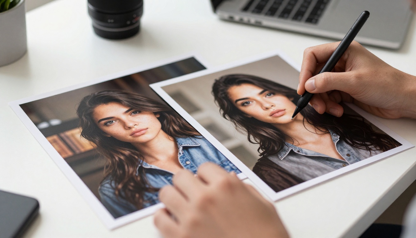 Designer comparing printed AI-generated photos on bright desk surface