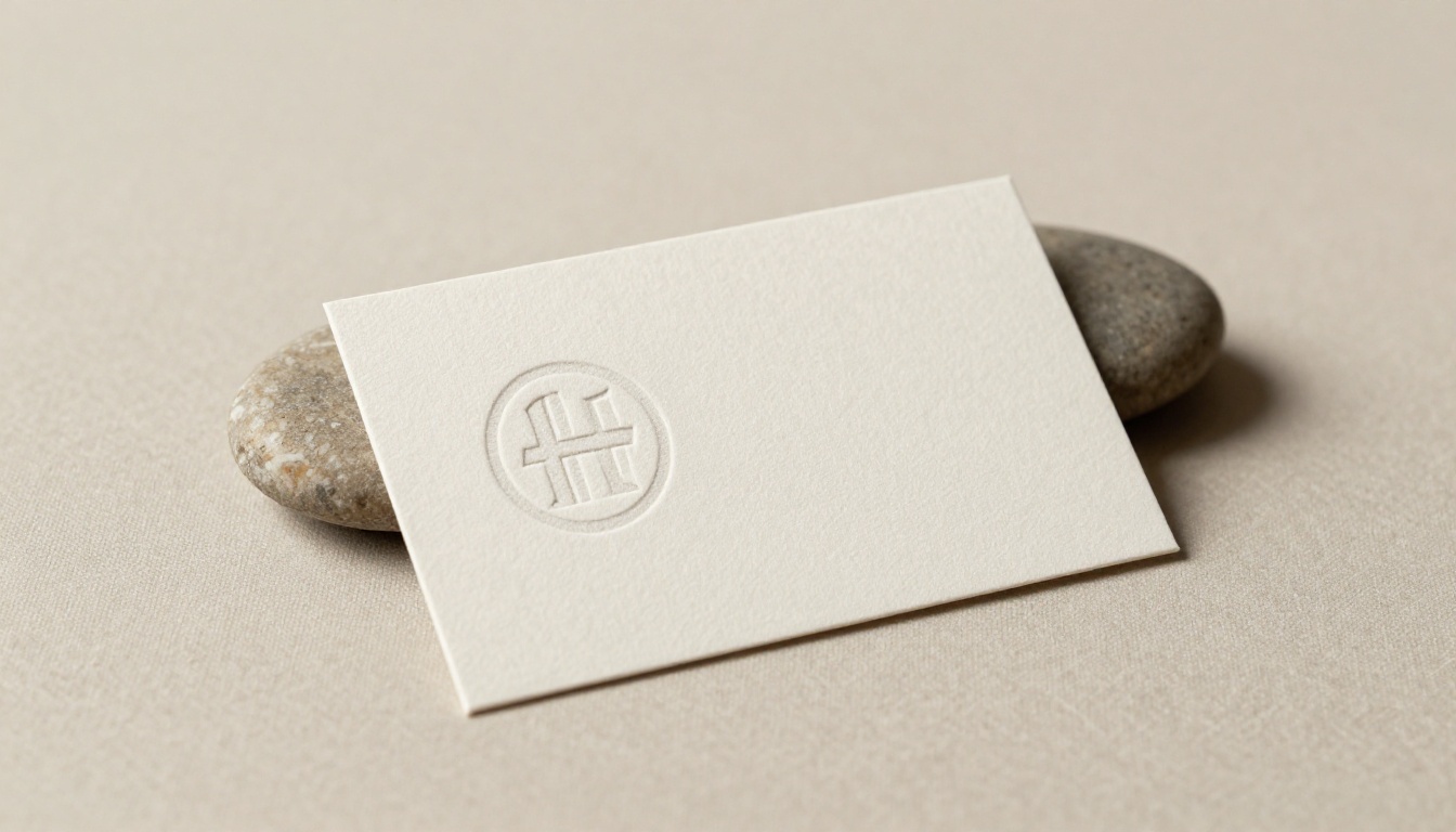 Elegant premium business card with a debossed logo mark on thick cotton stock paper resting against a river pebble on a linen-textured surface Elegant premium business card with a debossed logo mark on thick cotton stock paper resting against a river pebble on a linen-textured surface