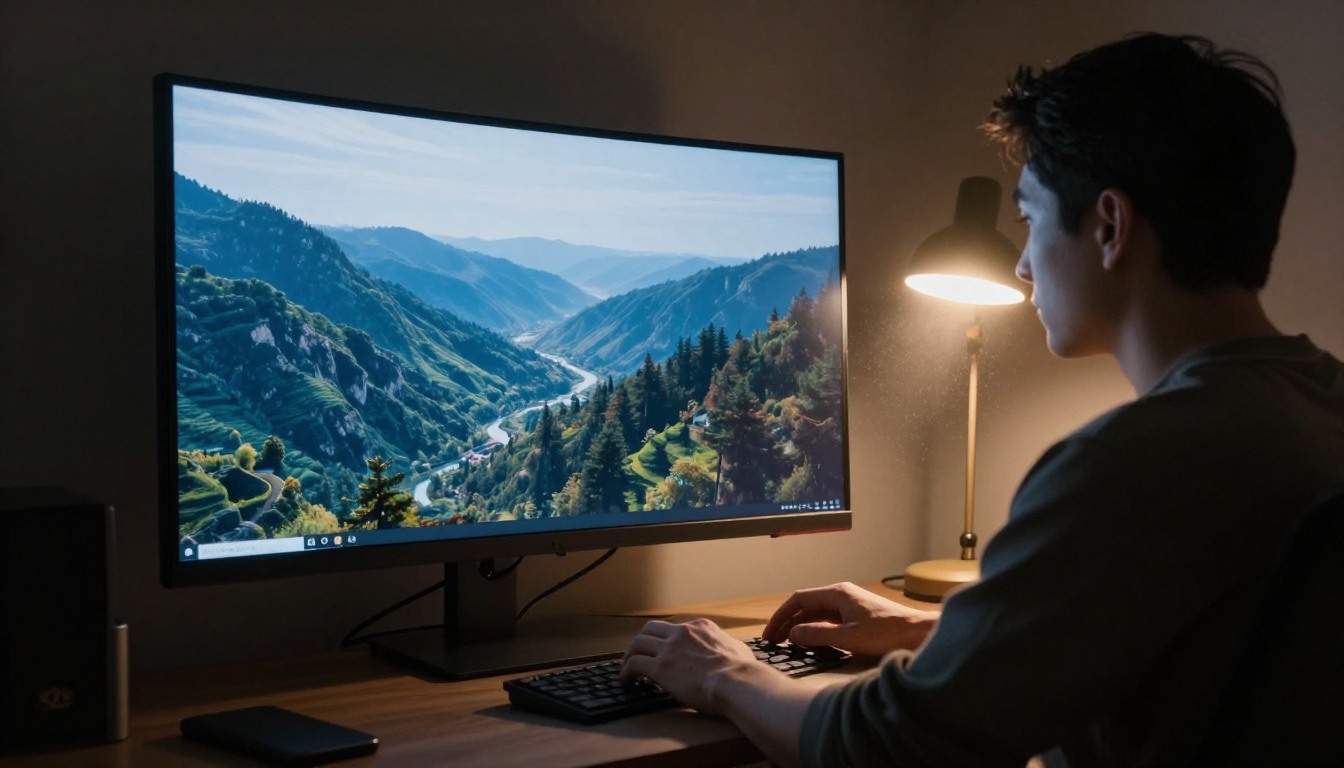 Creative professional working late reviewing AI outputs on large monitor