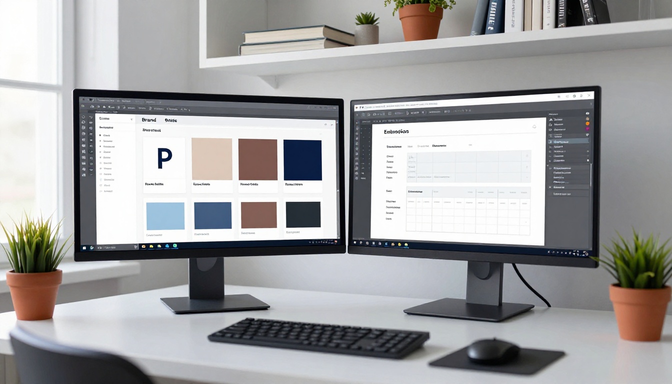 Professional designer's dual monitor setup showing a comprehensive brand identity system with logo variations on the left screen and usage guidelines on the right Professional designer's dual monitor setup showing a comprehensive brand identity system with logo variations on the left screen and usage guidelines on the right