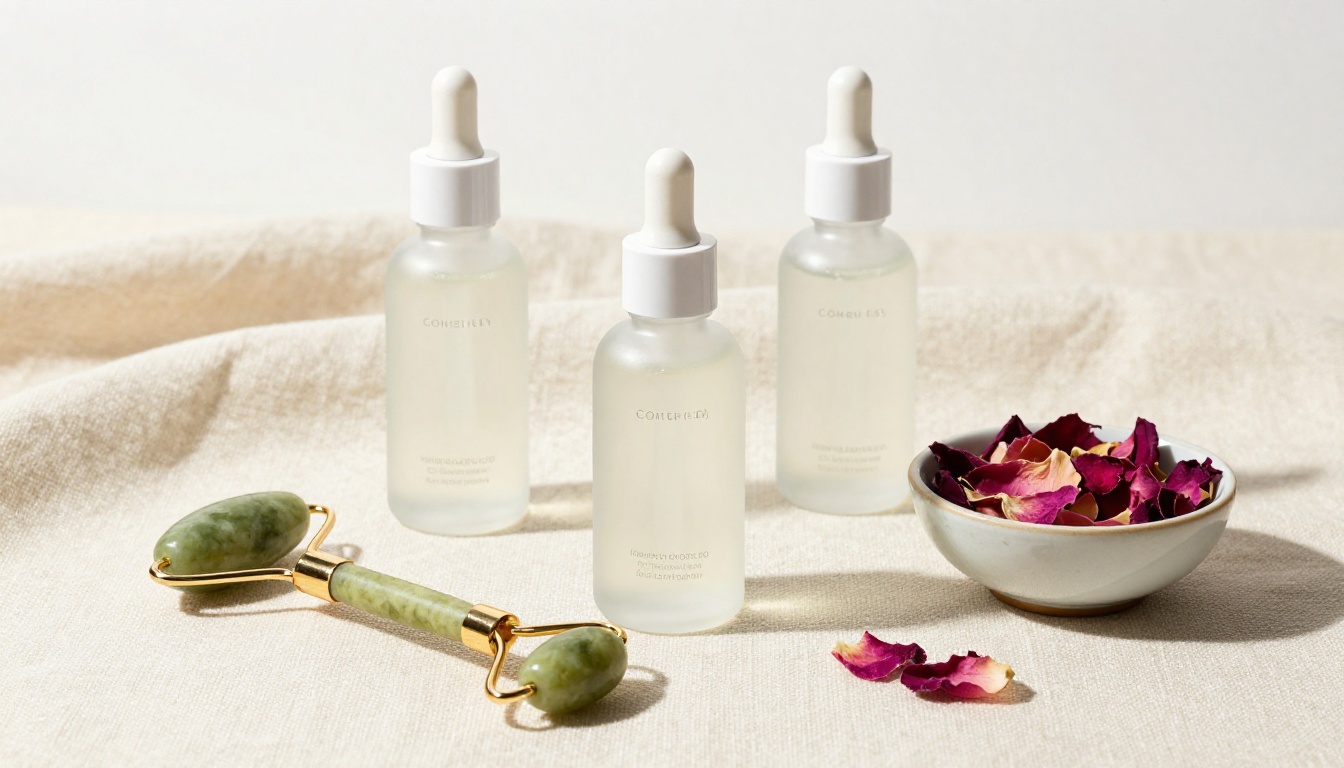 Skincare flat lay product shot generated with AI on cream linen surface