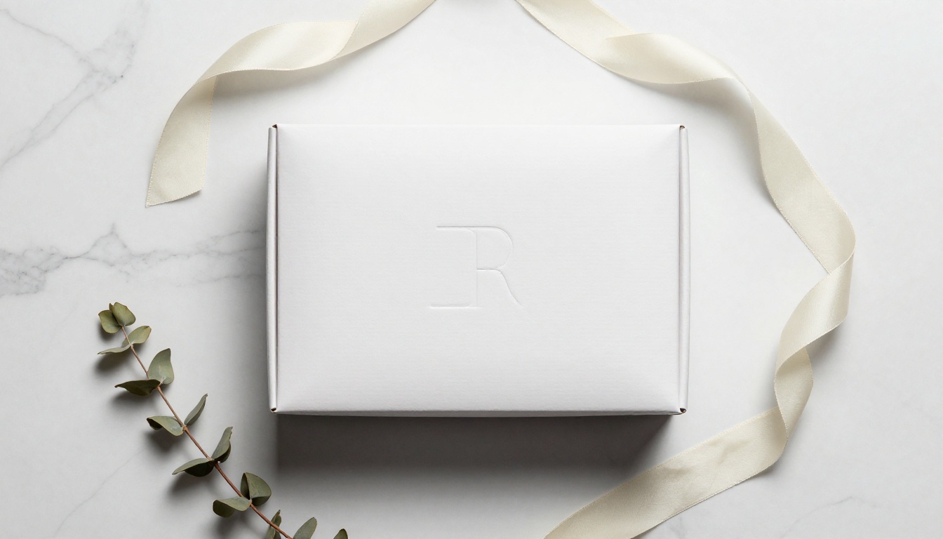 Aerial top-down editorial shot of premium white product packaging with an embossed logo on white marble surface surrounded by sage tissue paper and dried eucalyptus Aerial top-down editorial shot of premium white product packaging with an embossed logo on white marble surface surrounded by sage tissue paper and dried eucalyptus