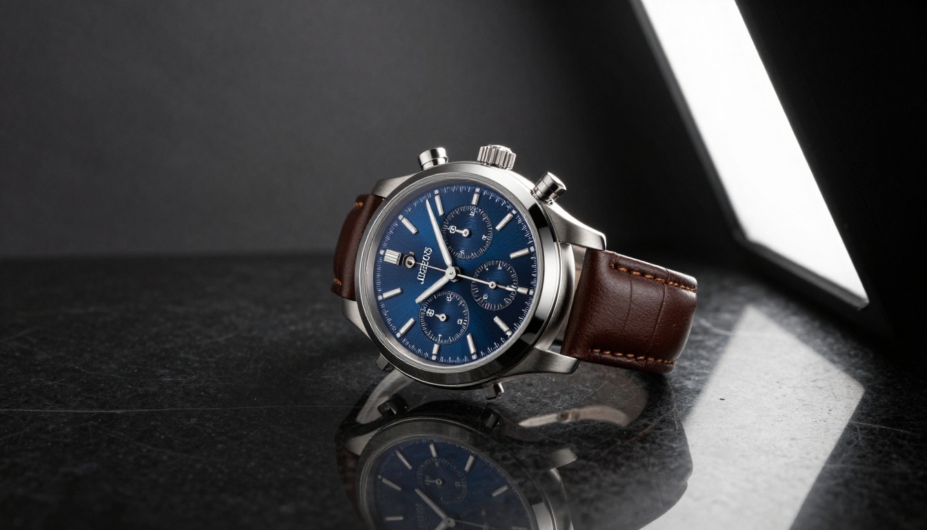 Luxury watch product photography on dark polished marble with dramatic side lighting