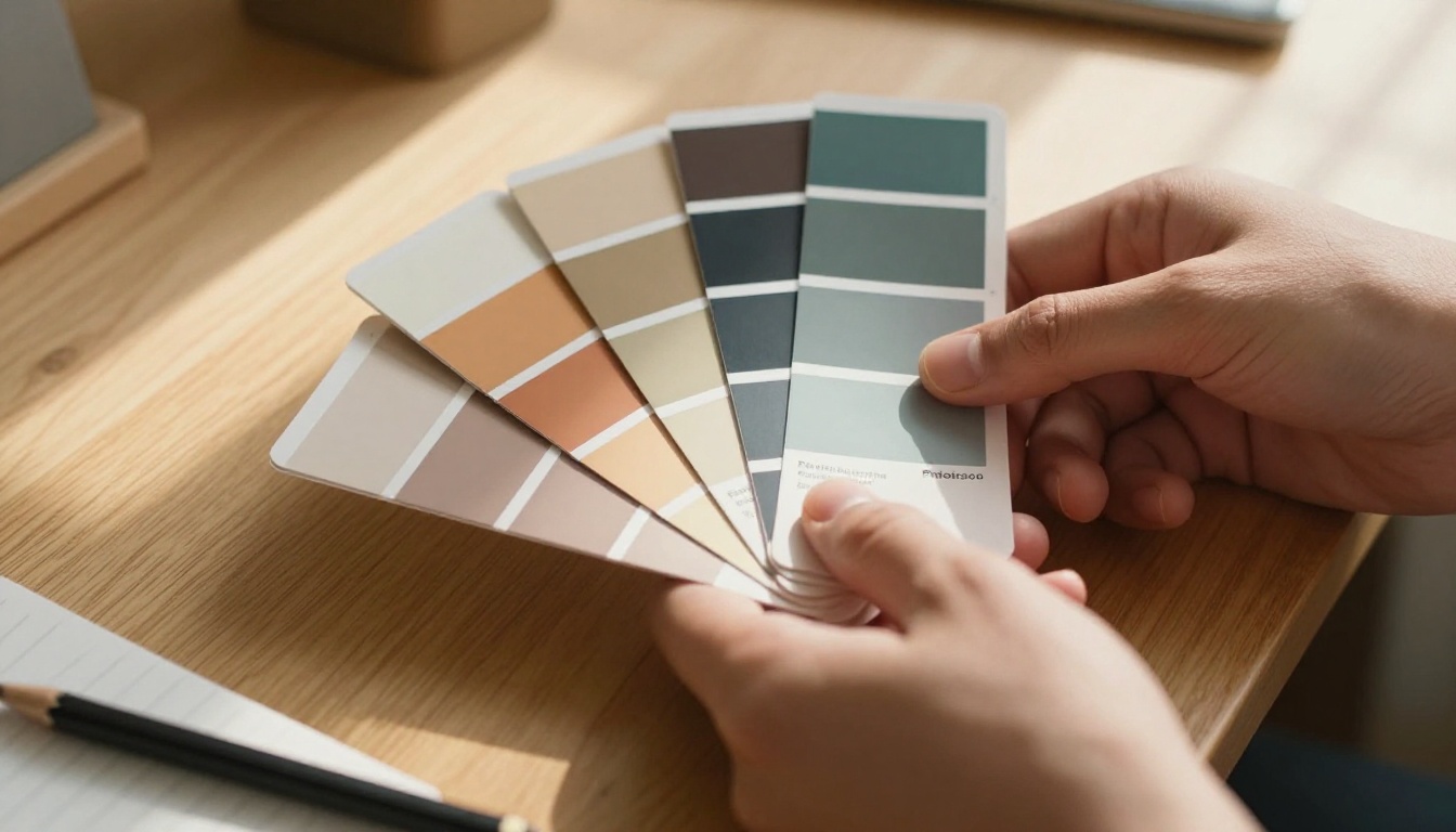 Designer's hand holding a Pantone color fan guide open revealing a curated brand color spectrum in warm rust, dusty sage, deep navy, and ivory tones Designer's hand holding a Pantone color fan guide open revealing a curated brand color spectrum in warm rust, dusty sage, deep navy, and ivory tones