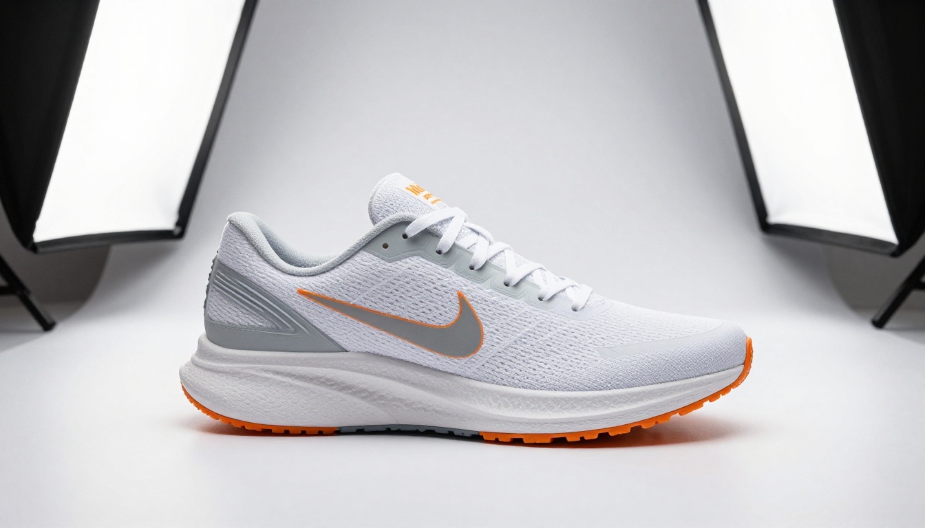 Athletic sneaker product shot on clean white surface with perfect even studio lighting