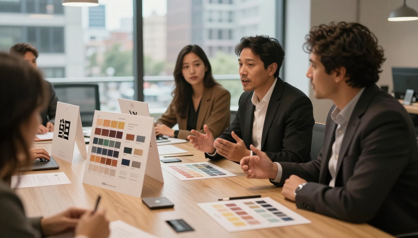 Brand designer presenting a finished logo identity system to two clients across a conference table with printed presentation boards showing logo variations and color palette in a modern studio with floor-to-ceiling windows Brand designer presenting a finished logo identity system to two clients across a conference table with printed presentation boards showing logo variations and color palette in a modern studio with floor-to-ceiling windows