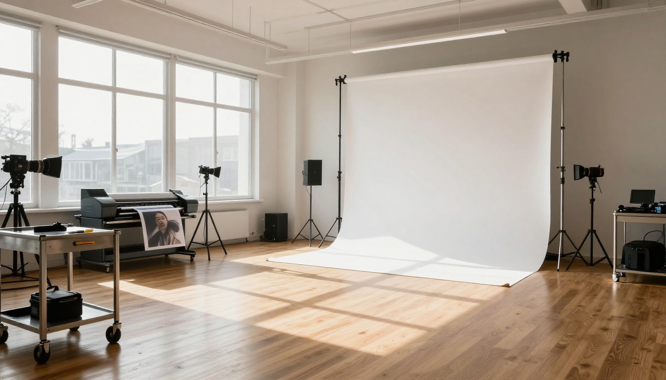 Modern photography studio interior with large format AI print output