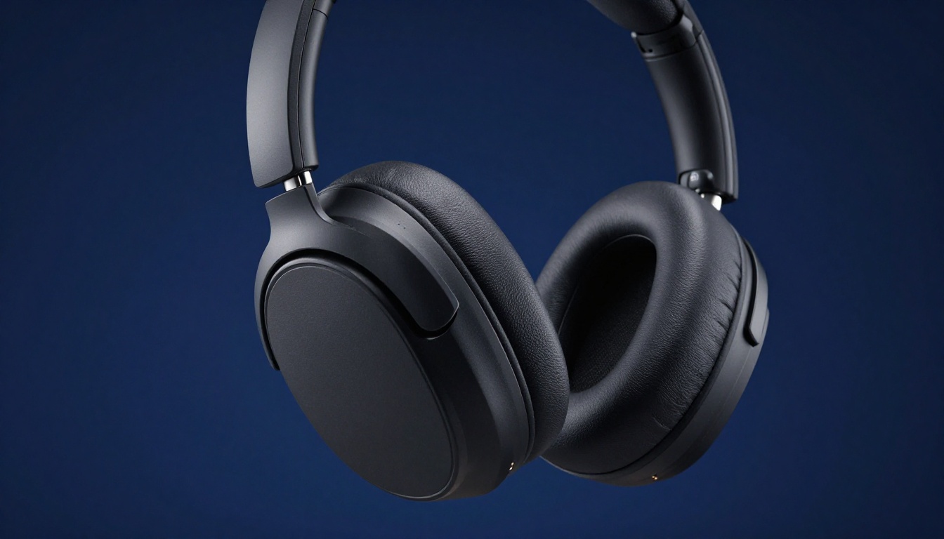 Premium wireless headphones product photography on deep navy background with atmospheric lighting