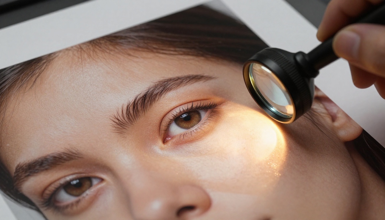 Loupe magnifier examining hyper-detailed AI-generated portrait photo on light table