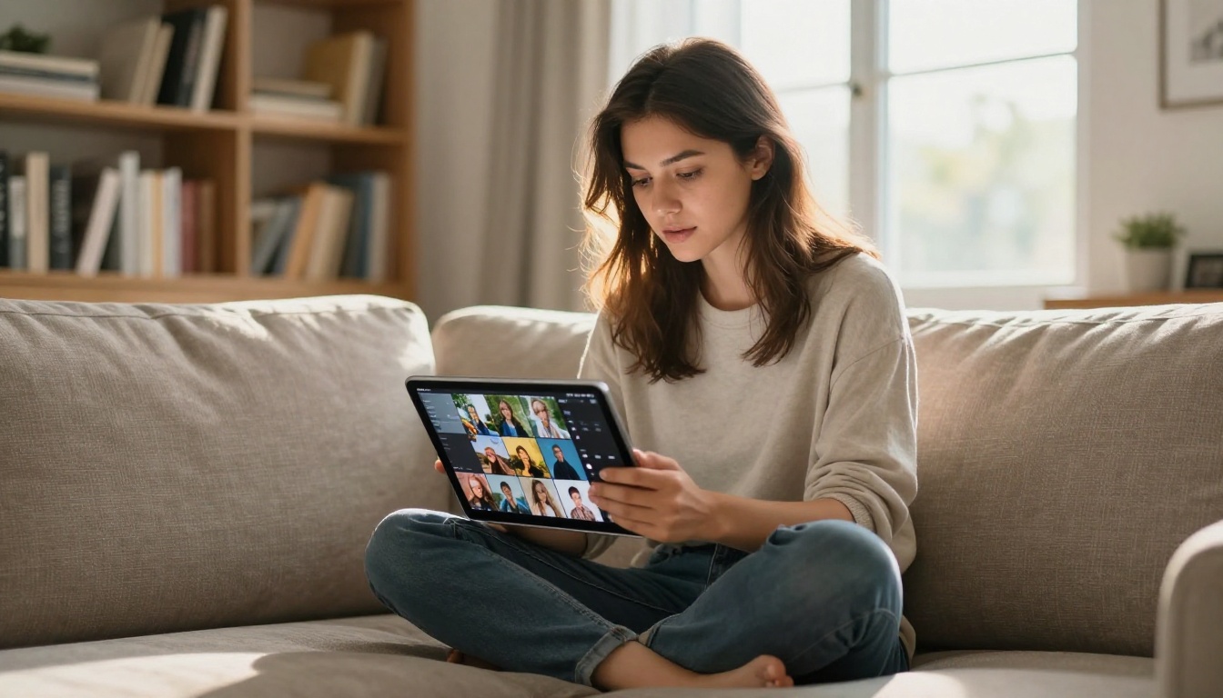 Content creator reviewing AI image grid on tablet in morning light