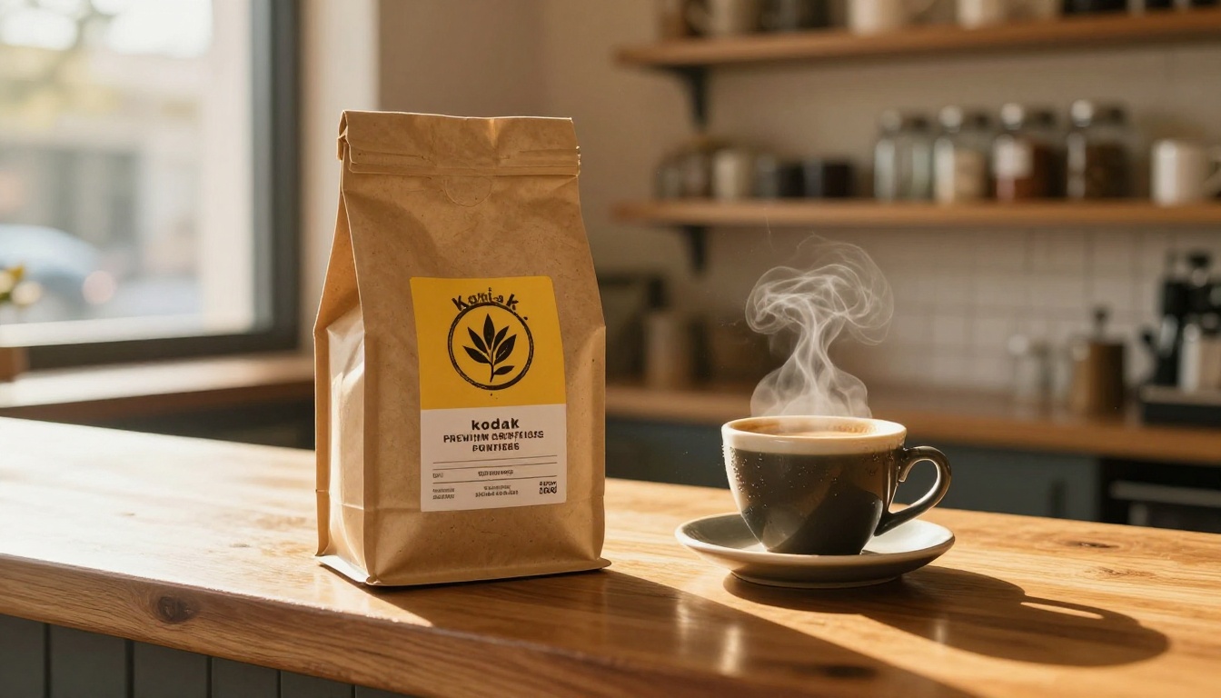 Artisan coffee bag lifestyle product shot with golden hour window light and steam