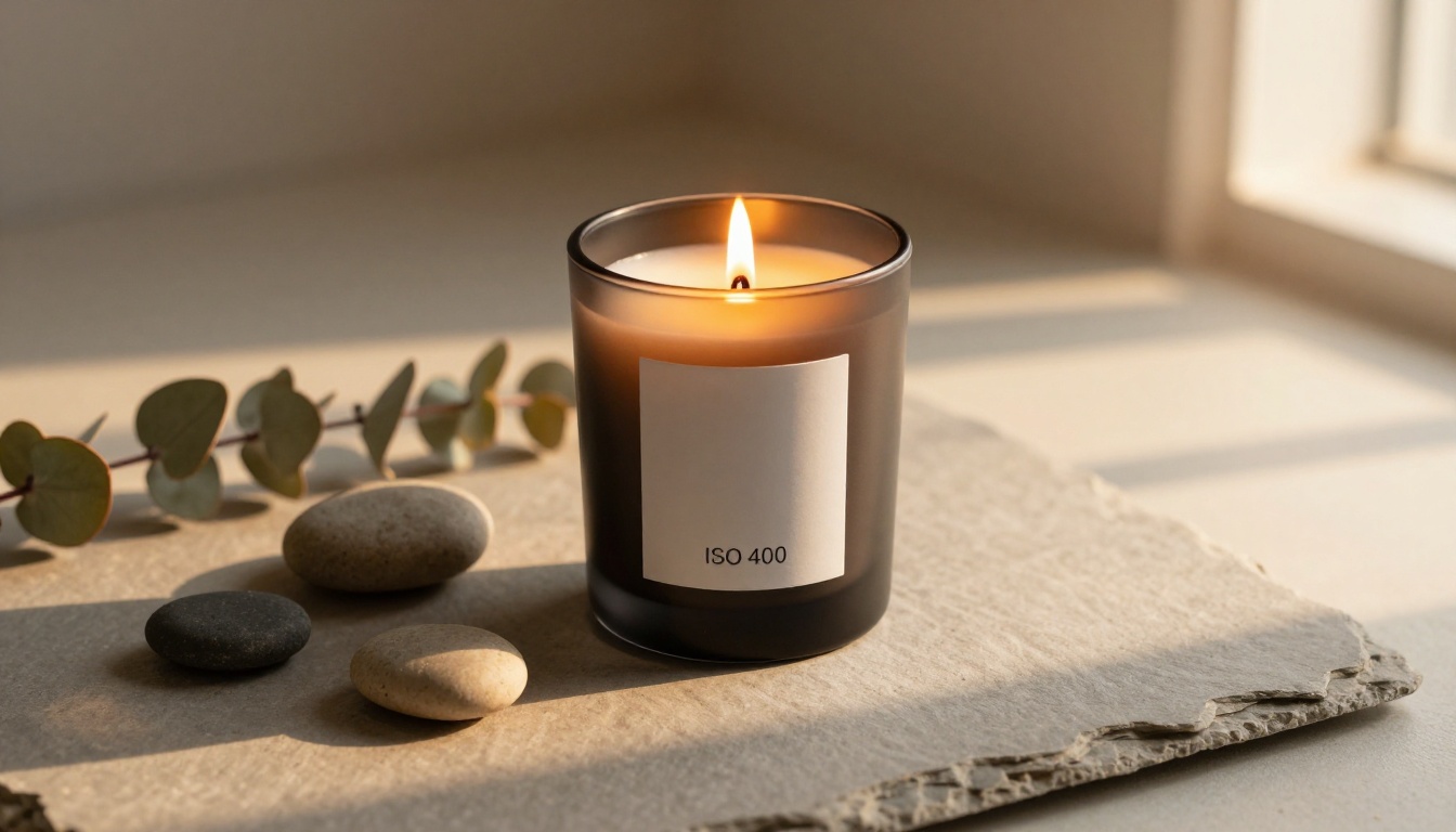 Luxury matte black candle product shot on slate surface with golden hour window light and botanical props