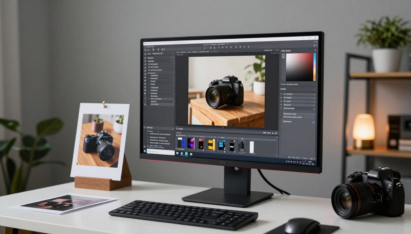 AI interface on professional photographer computer setup showing product image generation