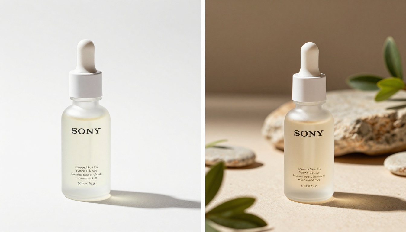 Side-by-side comparison of basic versus professionally styled AI product photography
