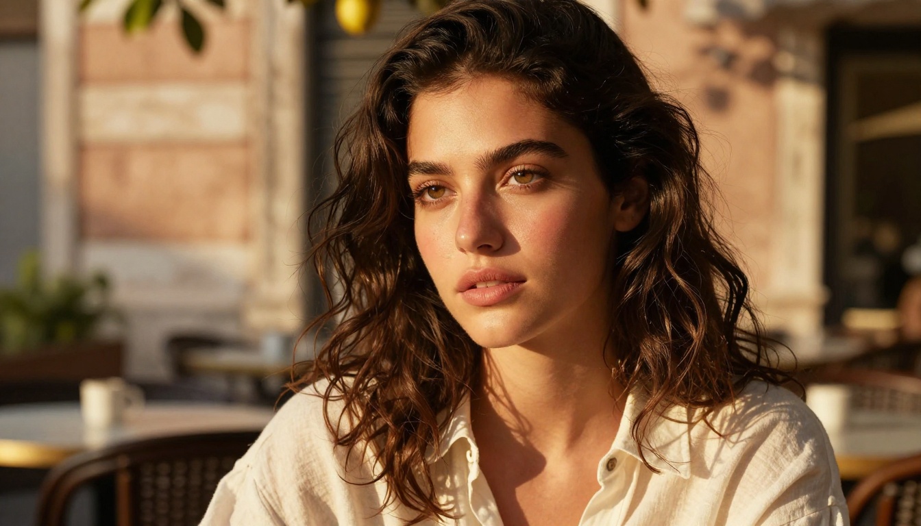 Photorealistic portrait in warm golden hour light at outdoor café terrace Photorealistic portrait in warm golden hour light at outdoor café terrace