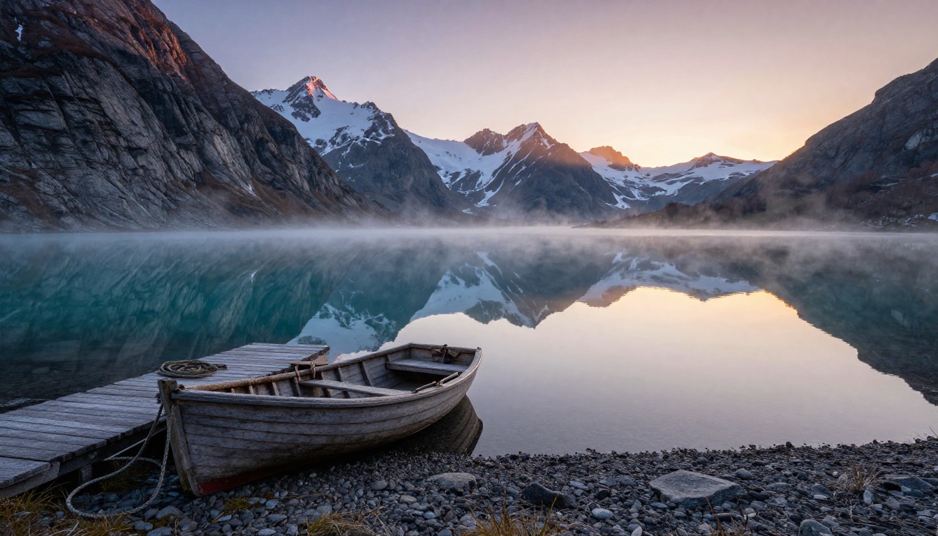 Breathtaking Nordic mountain lake at dawn with mirror-still water reflecting snow-capped peaks Breathtaking Nordic mountain lake at dawn with mirror-still water reflecting snow-capped peaks