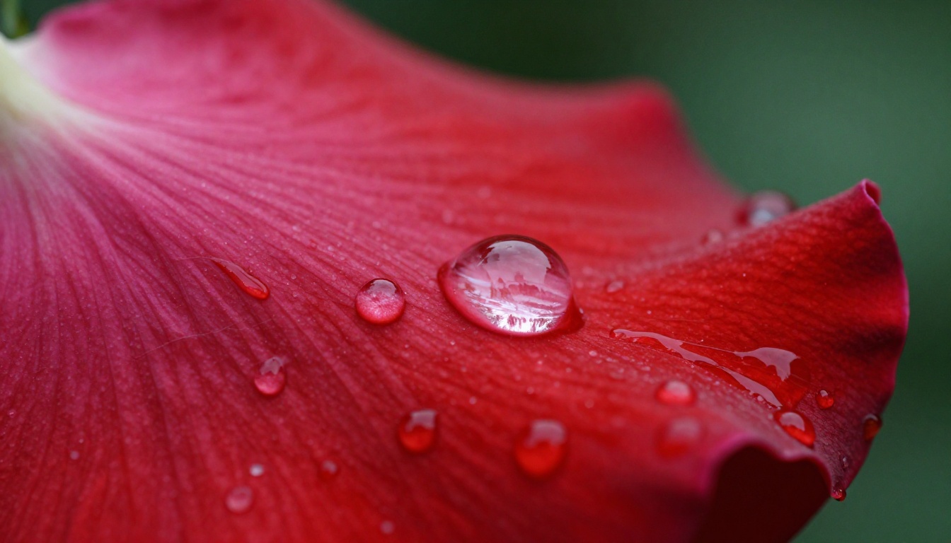 Extreme close-up macro of rose petal with crystal-clear water droplets and emerald bokeh background Extreme close-up macro of rose petal with crystal-clear water droplets and emerald bokeh background