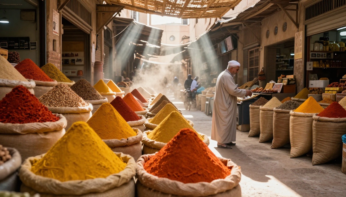Vibrant Moroccan spice market with saturated yellows, reds, and oranges under dramatic noon light rays Vibrant Moroccan spice market with saturated yellows, reds, and oranges under dramatic noon light rays