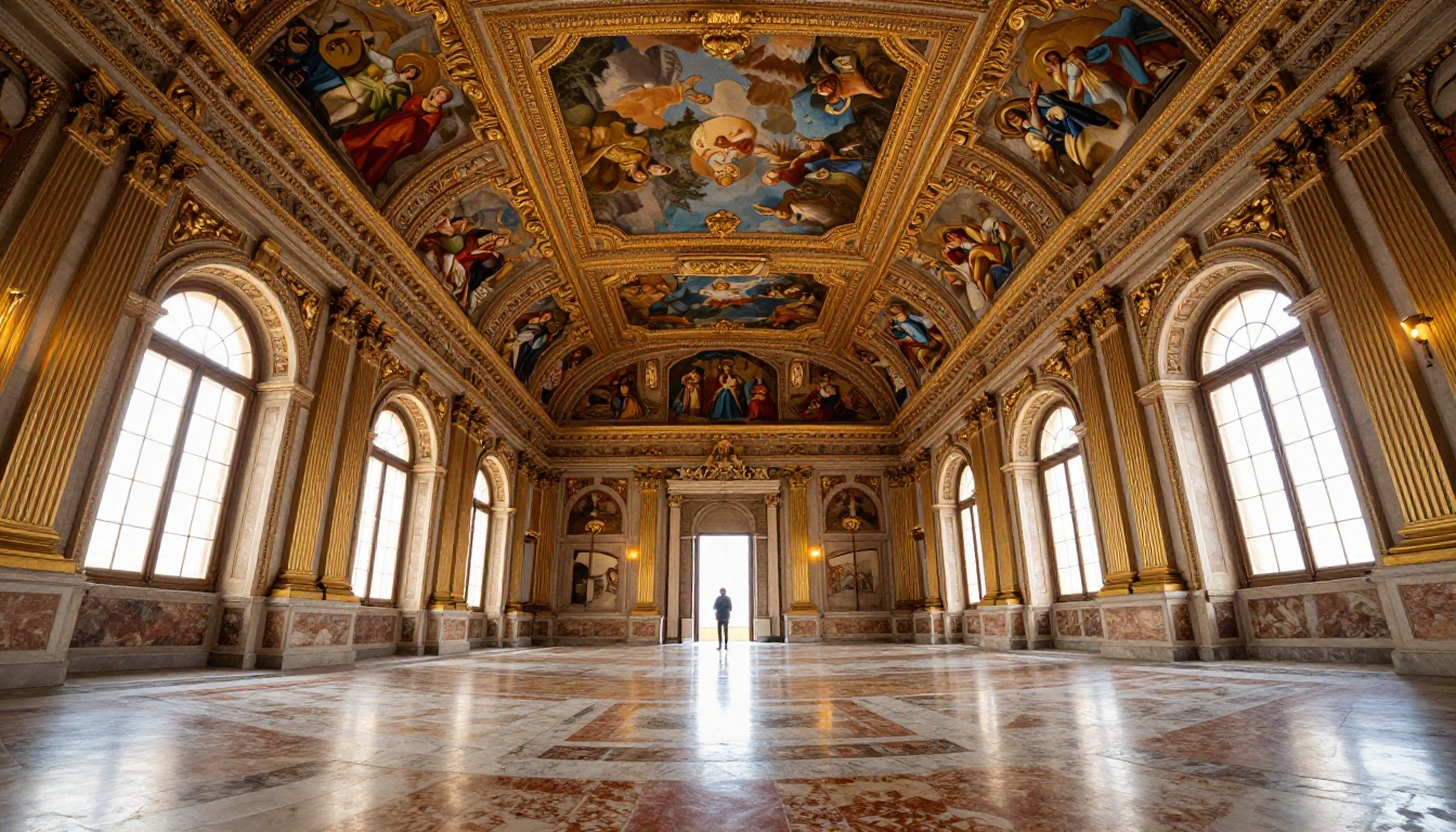 Ornate Venetian palazzo interior with Renaissance ceiling frescoes and gold leaf moldings, dramatic arched windows Ornate Venetian palazzo interior with Renaissance ceiling frescoes and gold leaf moldings, dramatic arched windows