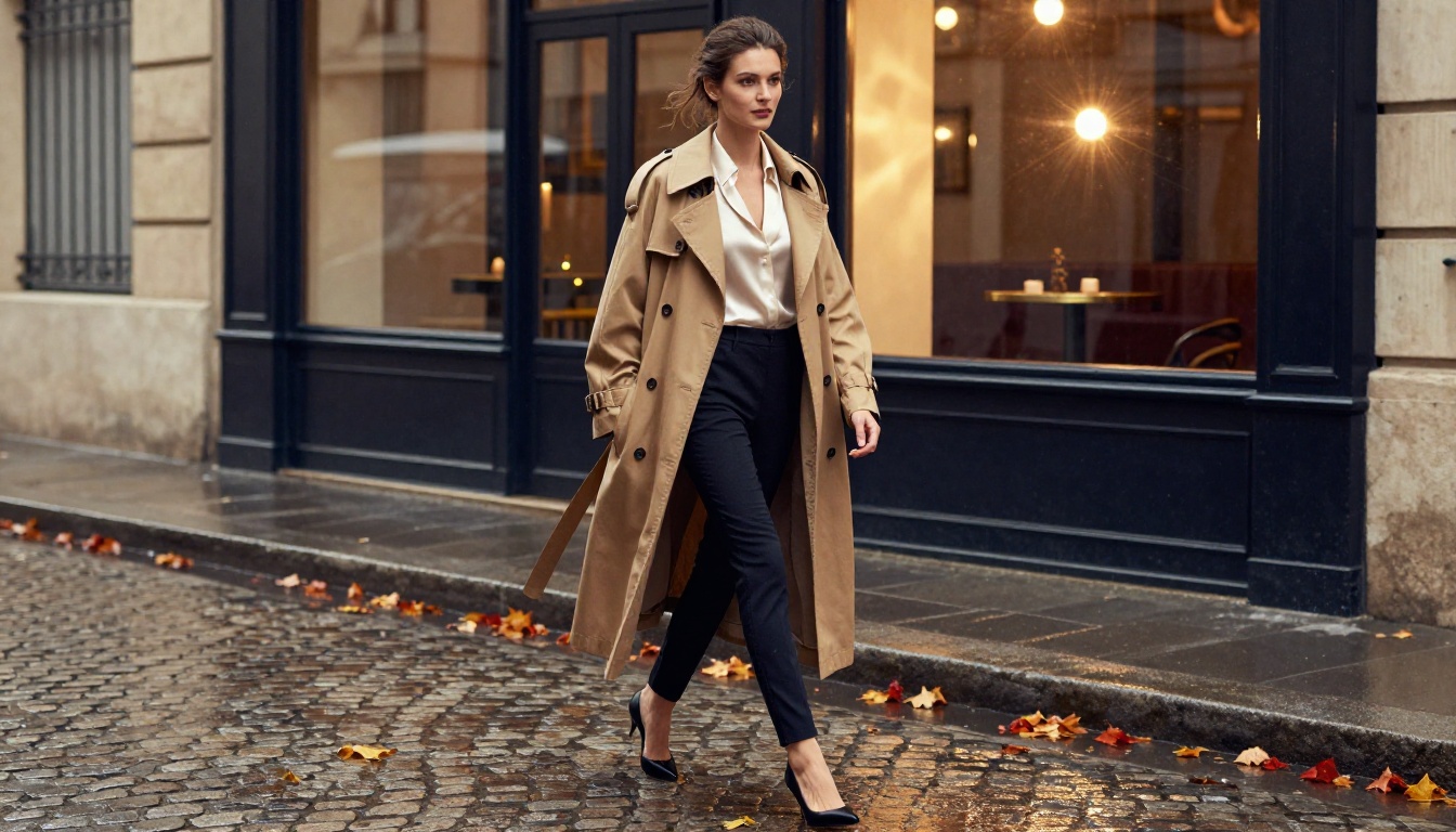 High fashion editorial of woman walking on wet Paris cobblestone street in camel trench coat High fashion editorial of woman walking on wet Paris cobblestone street in camel trench coat