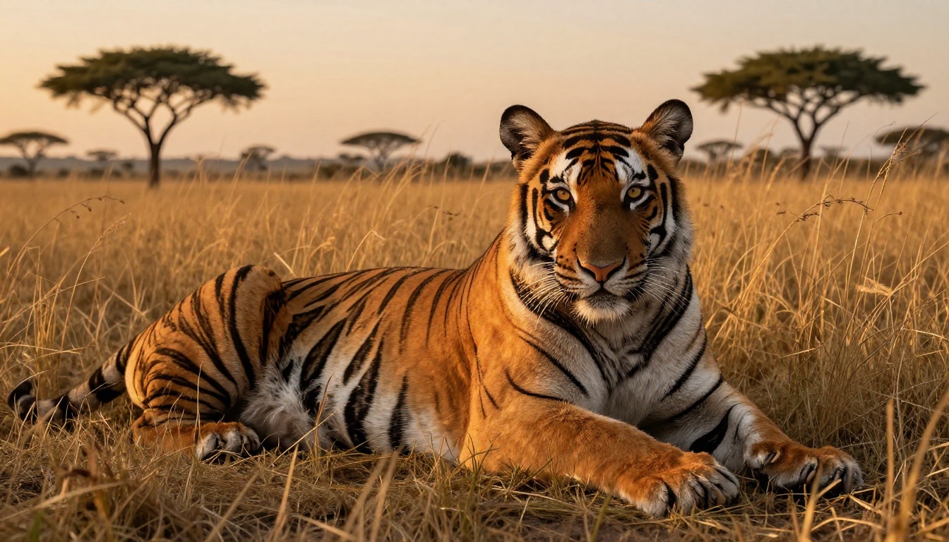Bengal tiger at dusk resting in golden savanna grass with intense amber eyes and warm sidelight Bengal tiger at dusk resting in golden savanna grass with intense amber eyes and warm sidelight