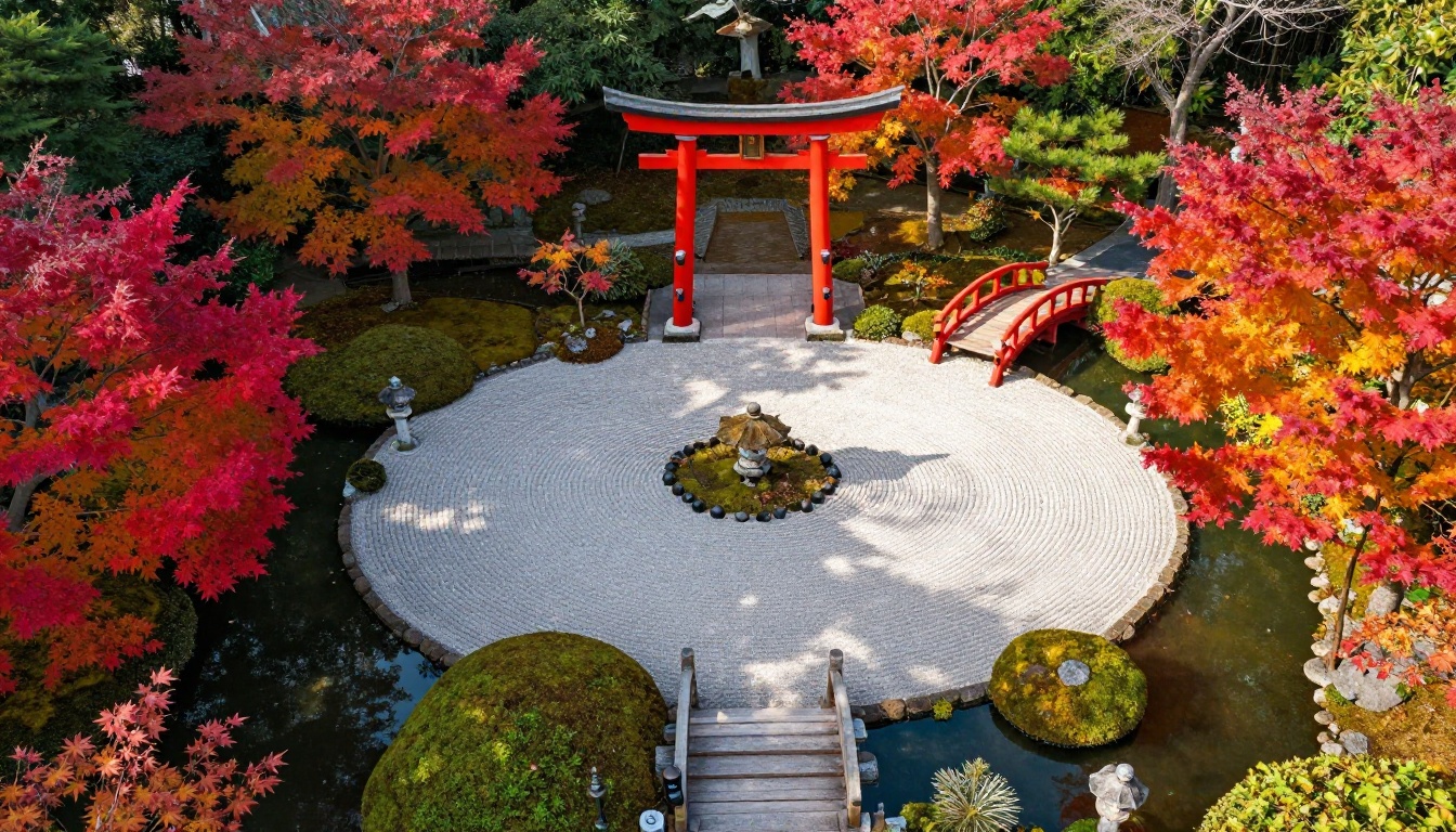 Aerial overhead view of Japanese garden in peak autumn color with raked gravel zen patterns Aerial overhead view of Japanese garden in peak autumn color with raked gravel zen patterns